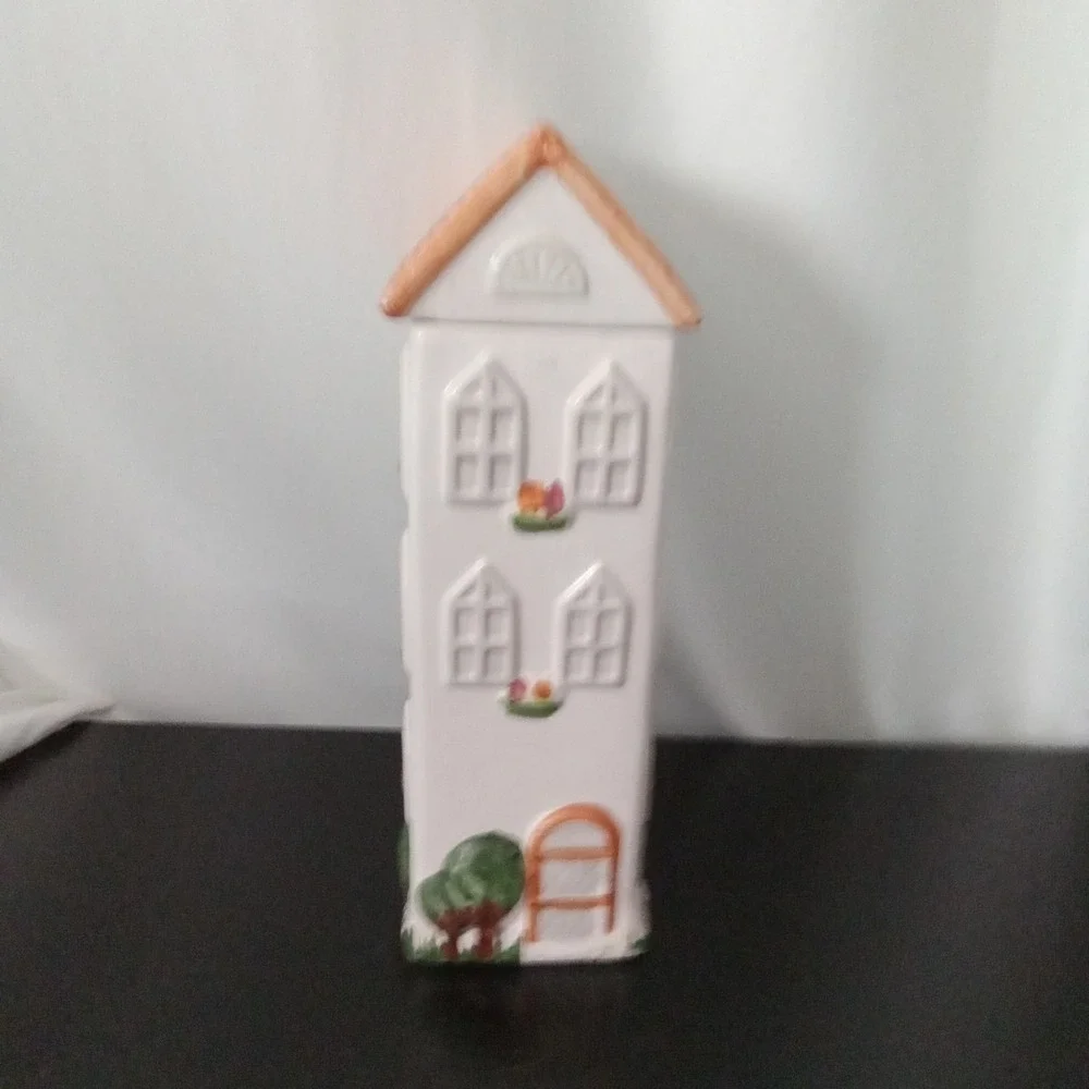 Vintage Style Ceramic Tall Pasta Canister House Shape Hand Painted 12.5 Inch